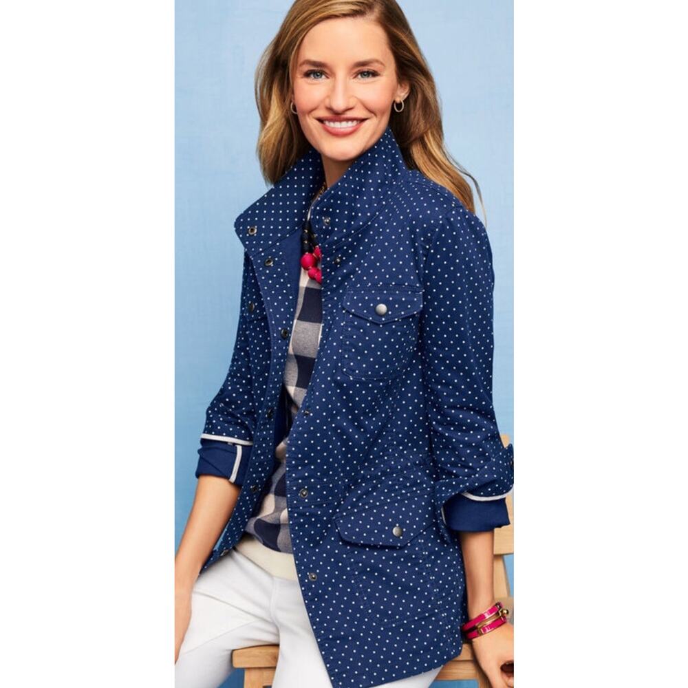 Talbots Jacket Large Blue White Polka Dot Stretch Pockets Snap Button Drawcord